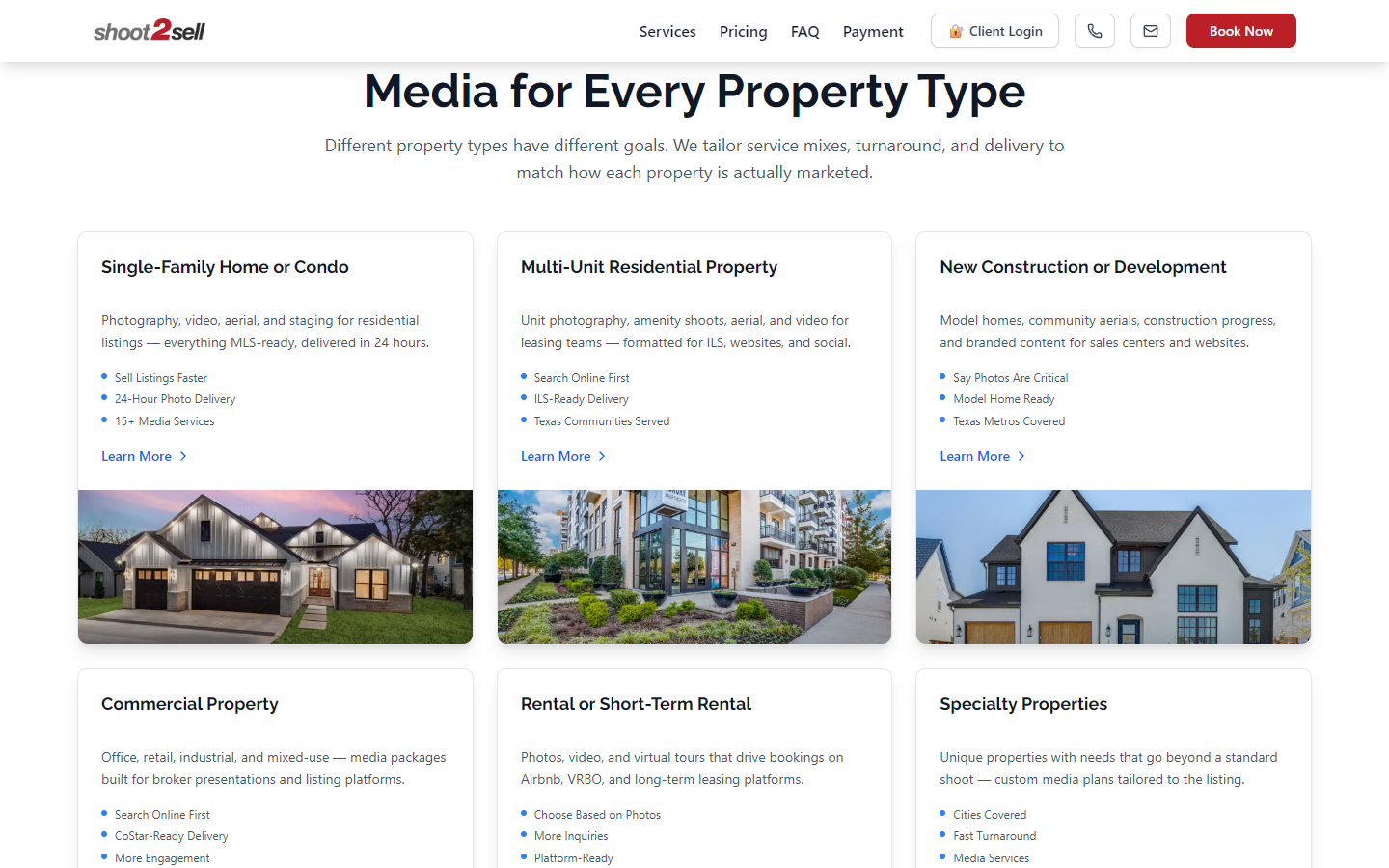 Property-type cards grid with photos for single-family, multi-unit, and commercial listings
