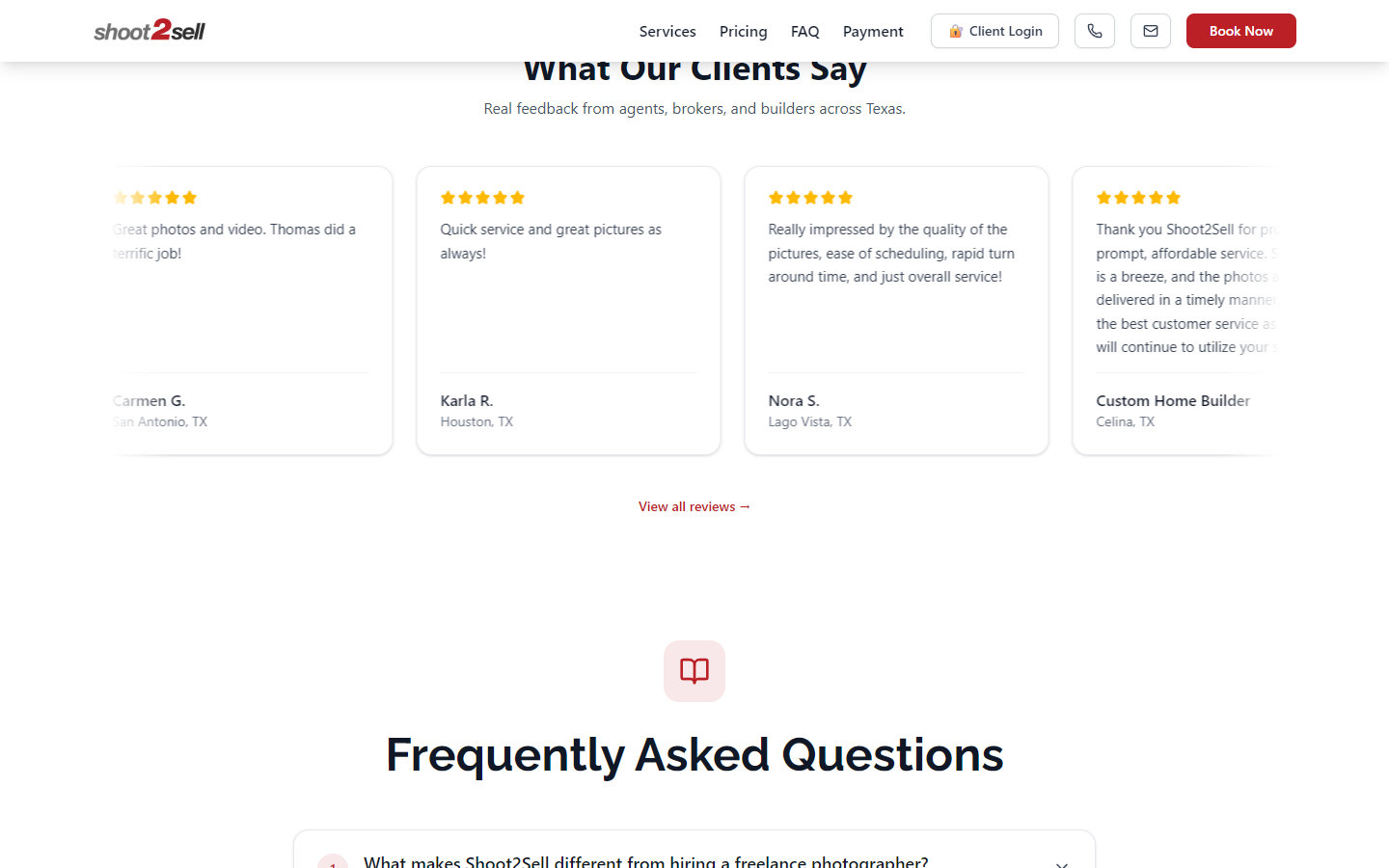 Client testimonial cards with star ratings from Texas real estate agents