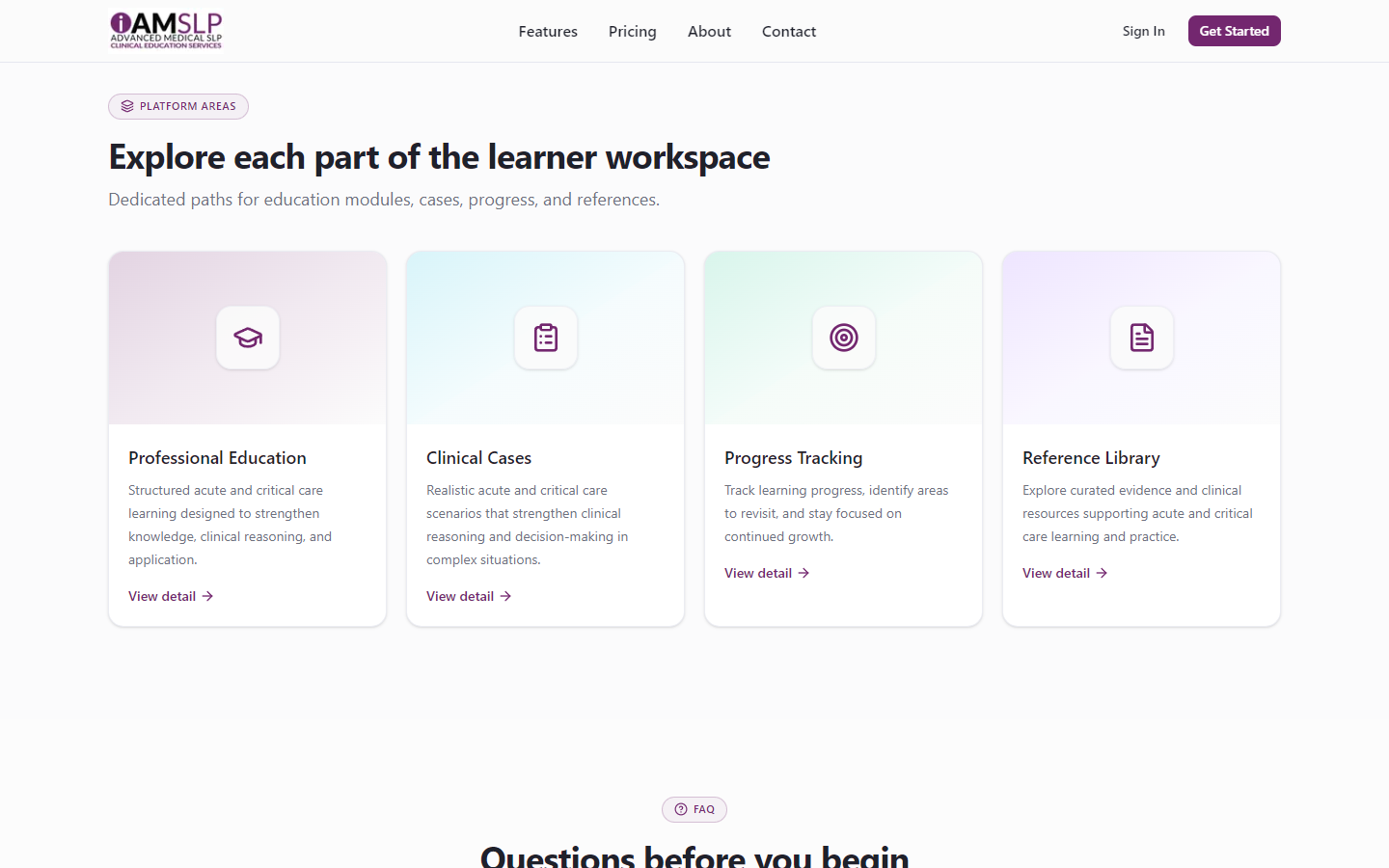 Platform-area cards for professional education, clinical cases, progress tracking, and reference library