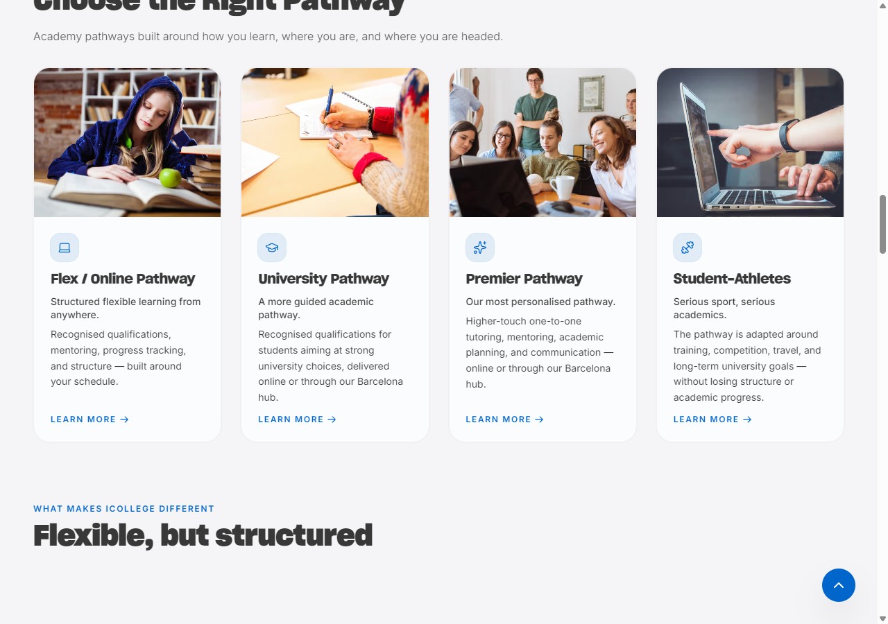Academic pathway cards with student photos for online, university, premier, and athlete tracks