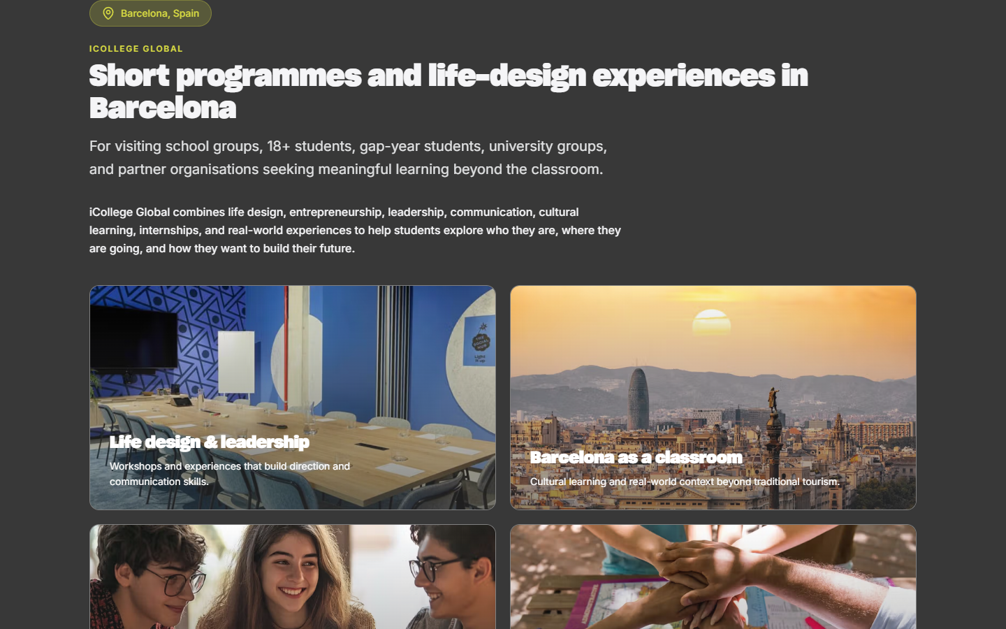 Barcelona program photo grid covering leadership workshops and student experiences